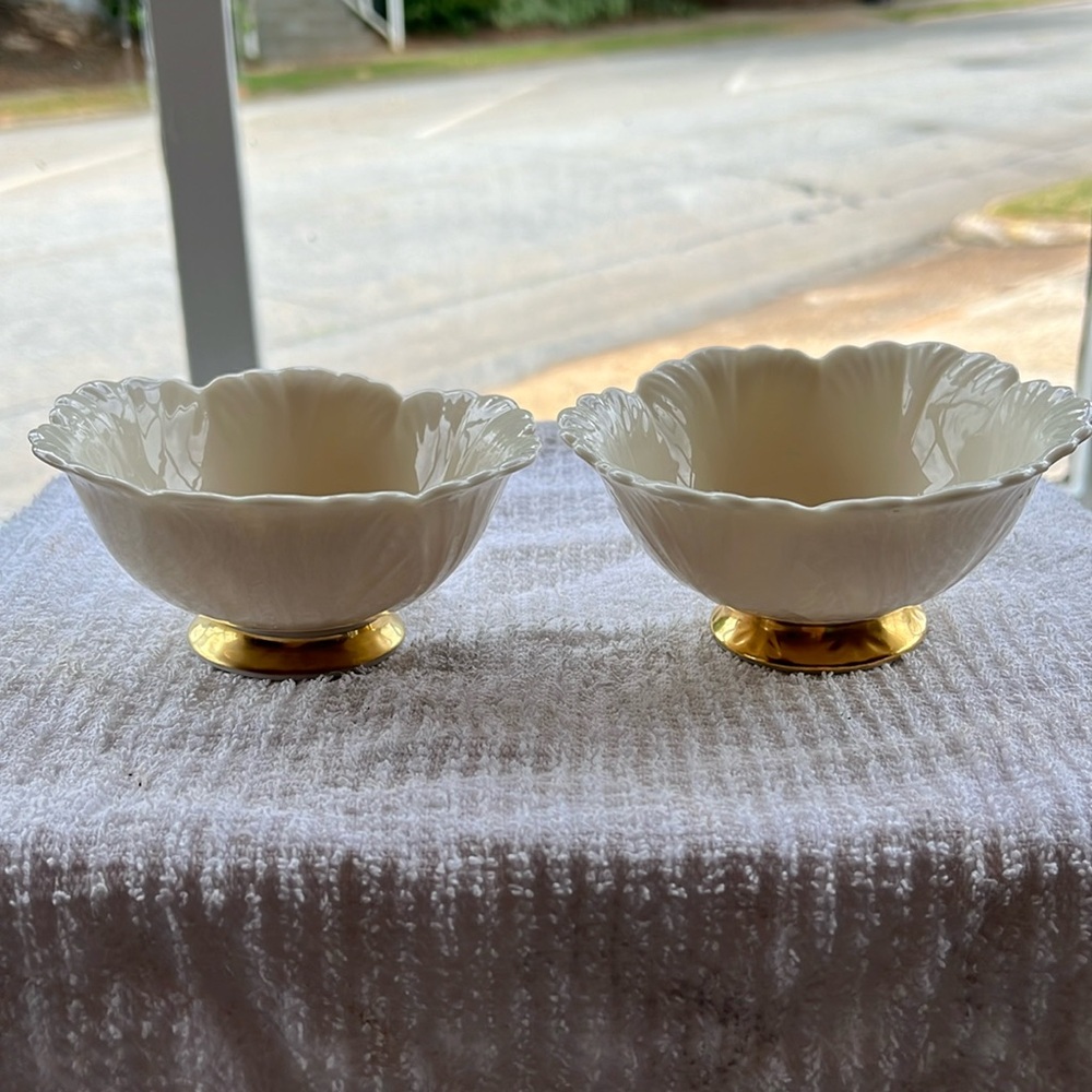 Vintage Lenox Cabbage Leaf Hold Trim Footed Nut Bowl Set of 2